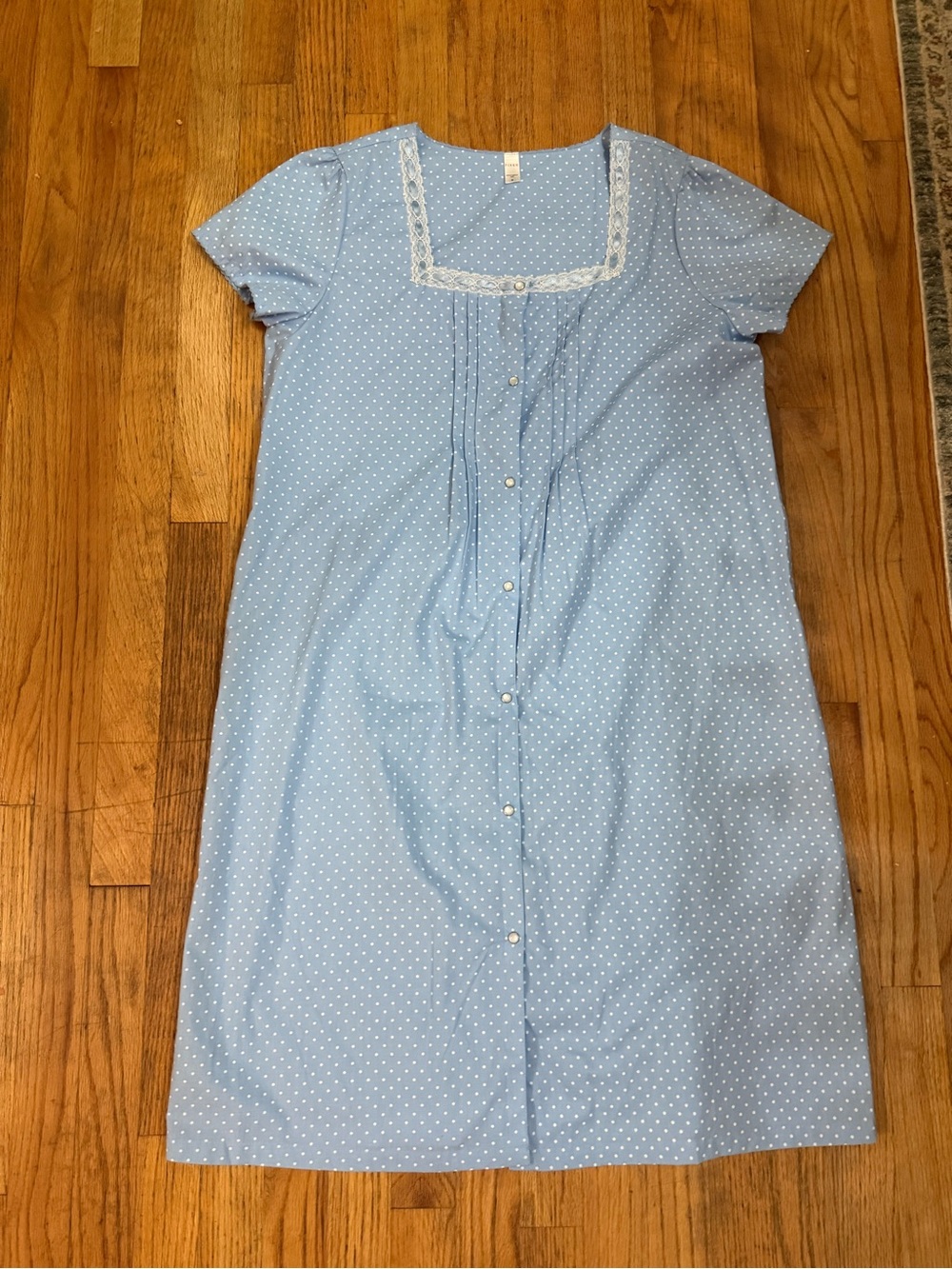 PINK Blue Polka Dot Lace Trim Pearl Button Short Sleeve Nightgown Grandma Core M - Picture 2 of 9